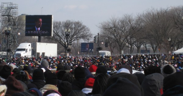 Crowds watch Obama give his inaugural address