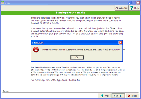 [ATO e-tax with error: Access violation at address 0055F9C0 in module 'etax2006.exe'. Read of address 00000008.]