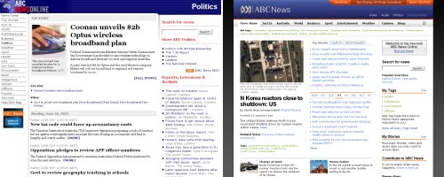 Screenshots of the old and new ABC News sites