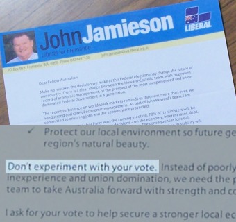 Letter from John Jamieson, Liberal candidate for Fremantle