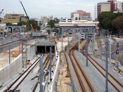 An ugly Perth Rail Yard with lots of construction work