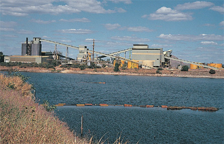 Uranium mine buildings and lake