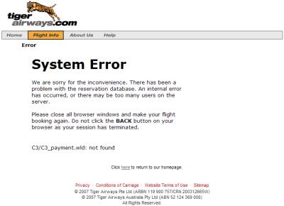 'System Error' on a Tiger Airways payment page